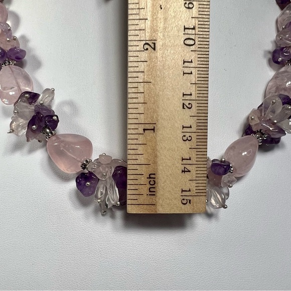 Rose Quartz & Amethyst 925 Silver Chunky Beaded Gemstone Necklace & Earrings - Picture 7 of 10